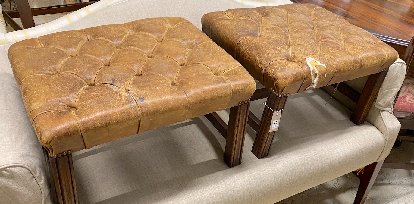 A pair of George III style beech and buttoned tan leather footstools, length 57cm, depth 48cm, height 33cm